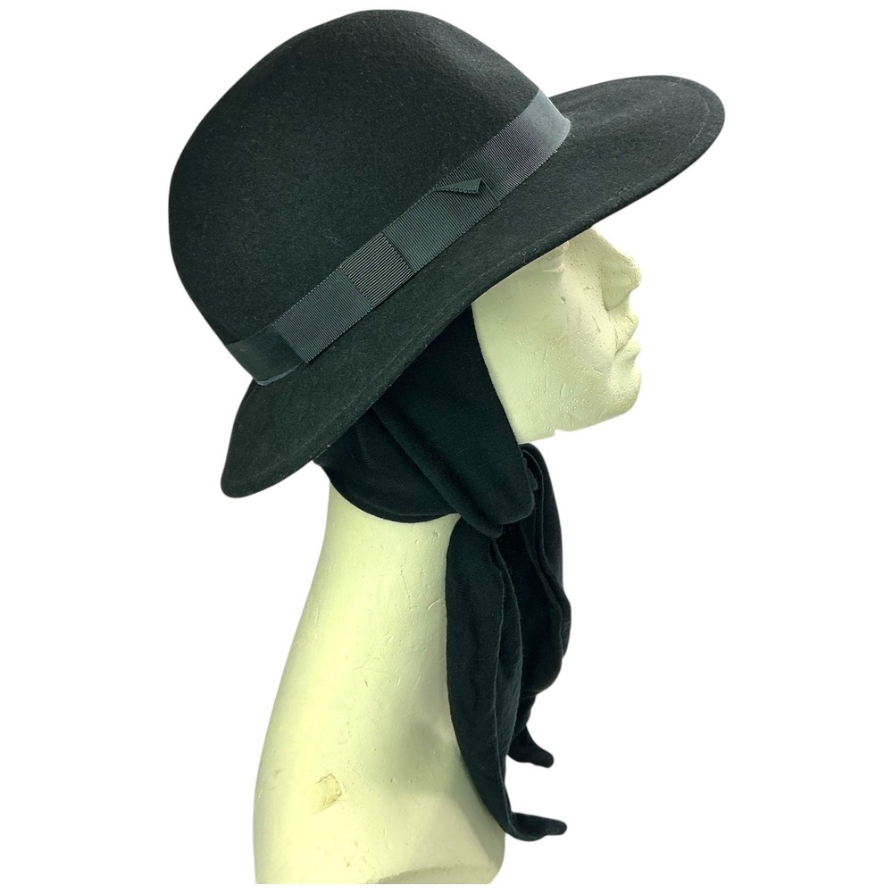 Geo W. Bollman Black Wool Doeskin Felt Cloche Hat Women 21" Vintage Chin Ties